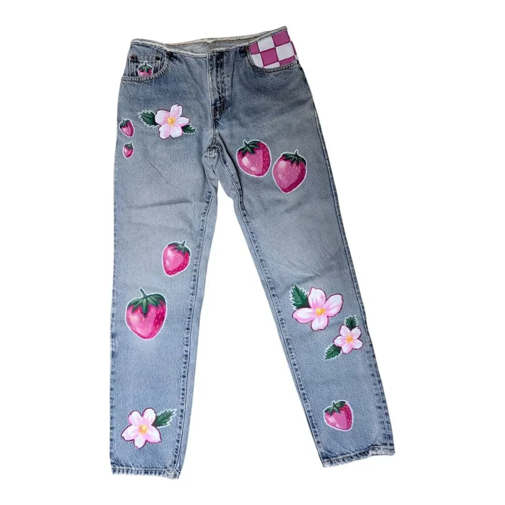 Hand Painted Vintage Levi's 501-Z Straight Leg Strawberry Checkerboard Jeans 28